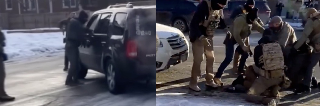 Left: ICE agents approach Renée Good's vehicle, January 7. Right: Federal agents restrain Alex Pretti, January 24.